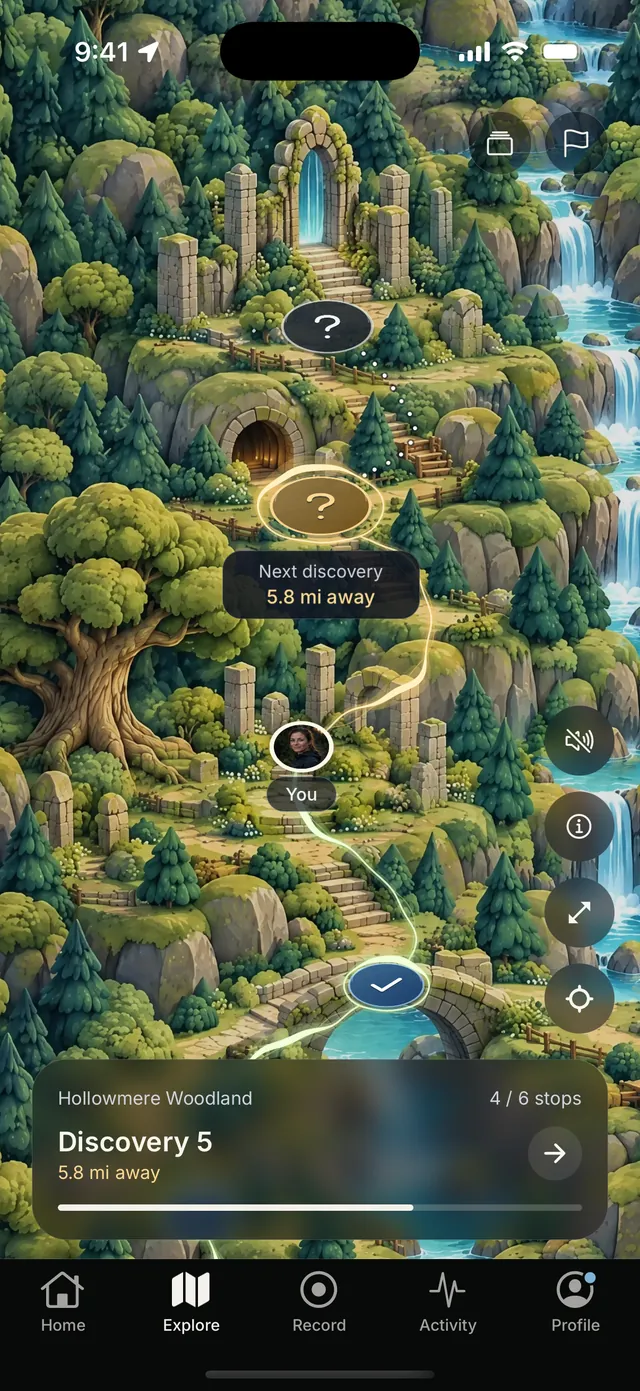 The Explore screen in Waybound: a painted trail through Hollowmere Woodland, your marker on it, and the next discovery 5.8 miles away, stop 4 of 6.
