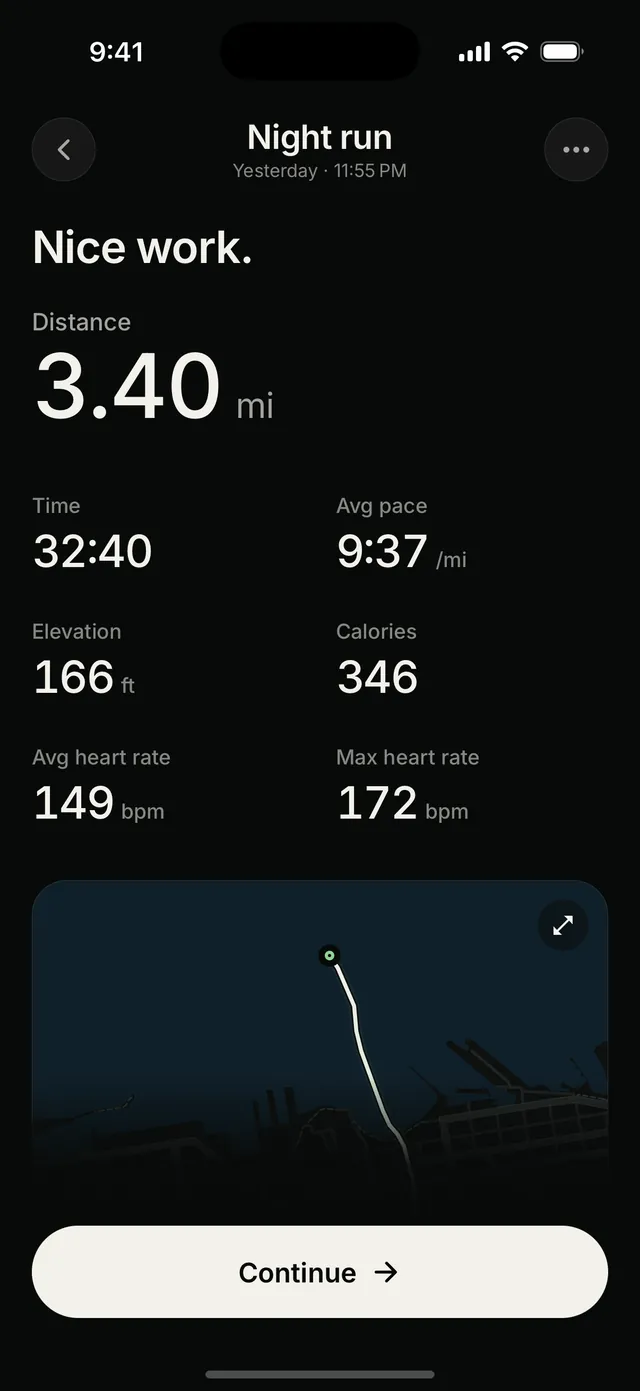 A finished night run in Waybound: 3.40 miles in 32:40 at 9:37 per mile, 166 feet of climb, average heart rate 149, maximum 172.