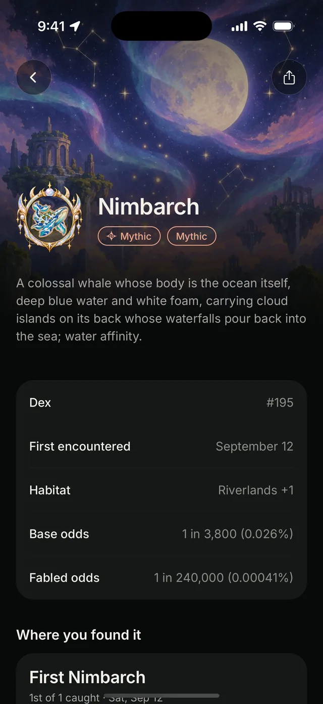 Nimbarch, a Mythic creature, in the Waybound Journal with where it was found