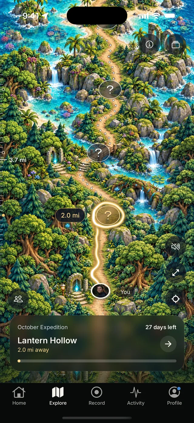 The month’s painted path in Waybound, with the next discovery 2.0 miles away