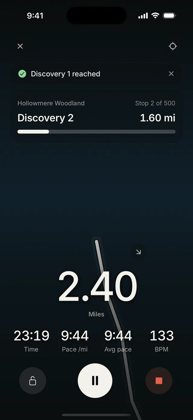 Waybound recording a run: Discovery 1 reached, 1.60 miles to Discovery 2, with time, pace and heart rate