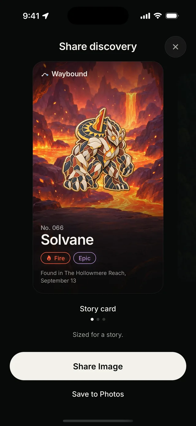 A Waybound find: Solvane, an Epic Fire creature, shown as a story card
